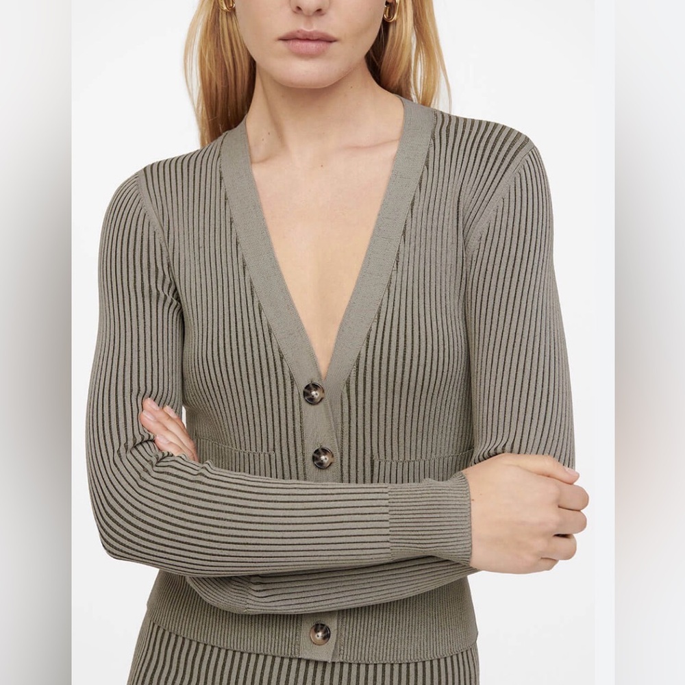 Anine Bing Layla Ribbed Cardigan Green Khaki Olive L